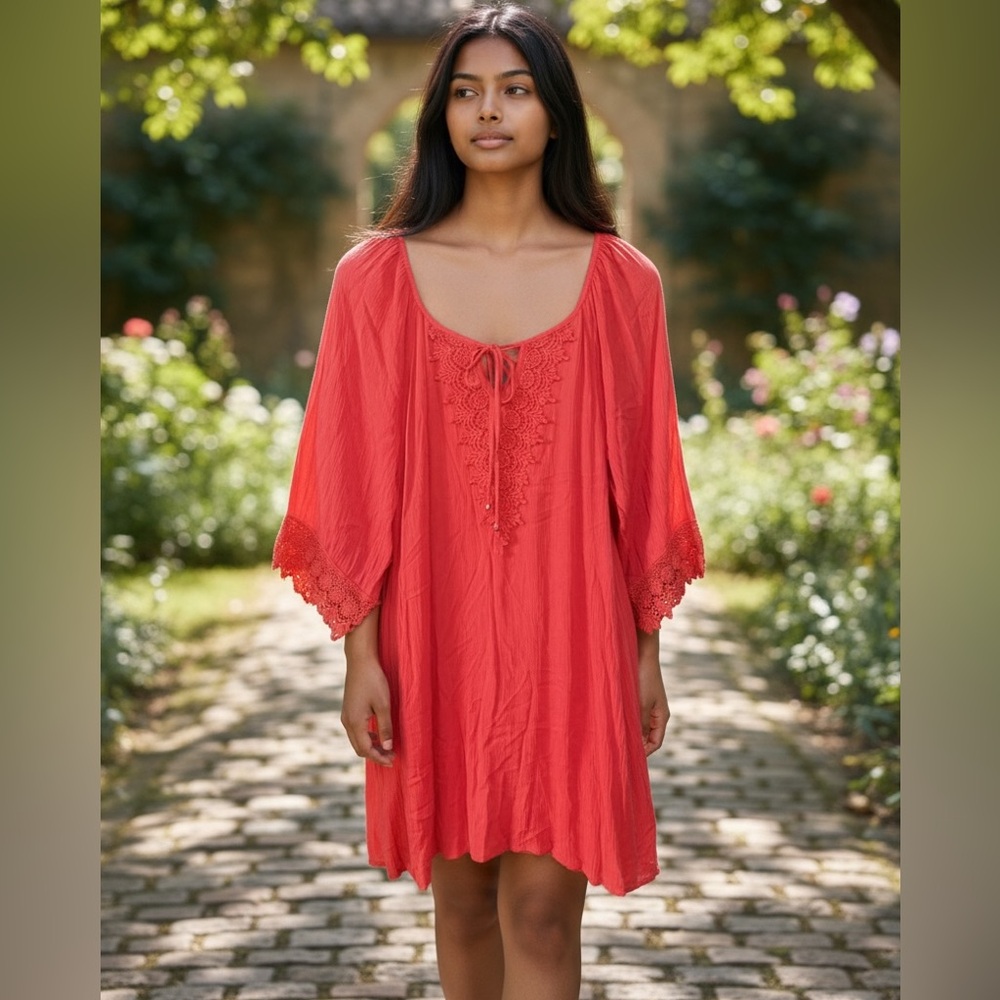 NAIF Coral Red Crochet Trim Peasant Tunic NWT